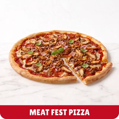 Hearty Meat Feast Pizza loaded with toppings at Cheam Peri Peri